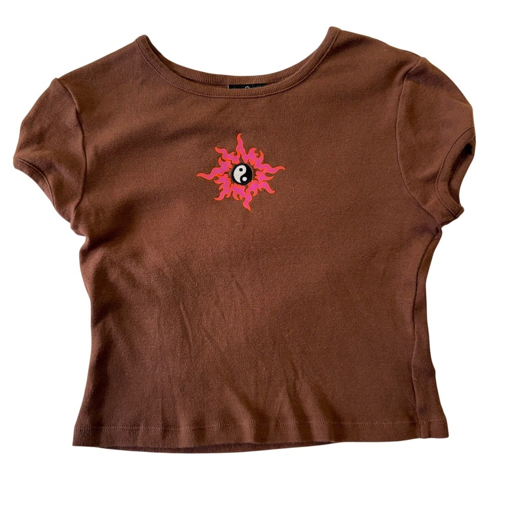 Y2K EMPYRE Brown Cropped Sun Yin Yang Indie Sleeze Grunge Baby Tee Shirt Medium